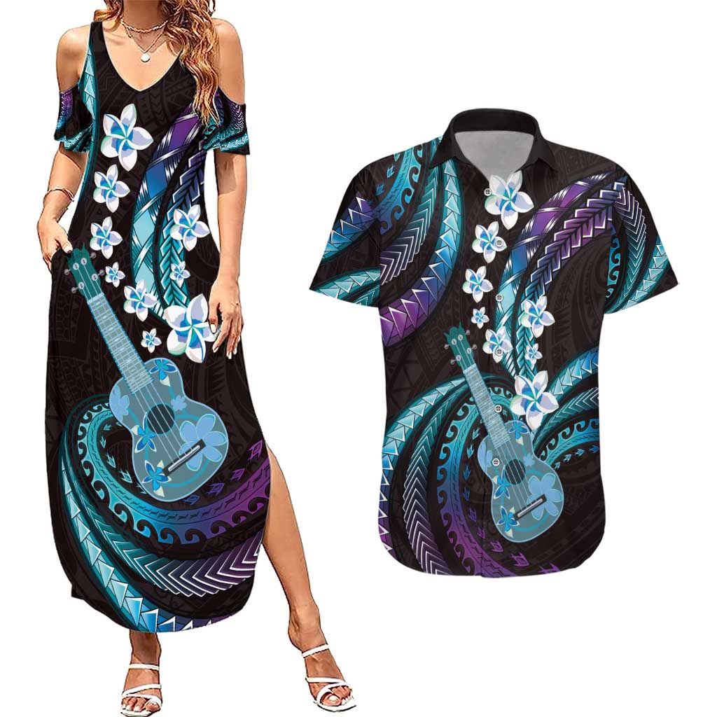 Hawaiian Ukulele Couples Matching Summer Maxi Dress and Hawaiian Shirt Amethyst Gradient Fantastic Plumeria