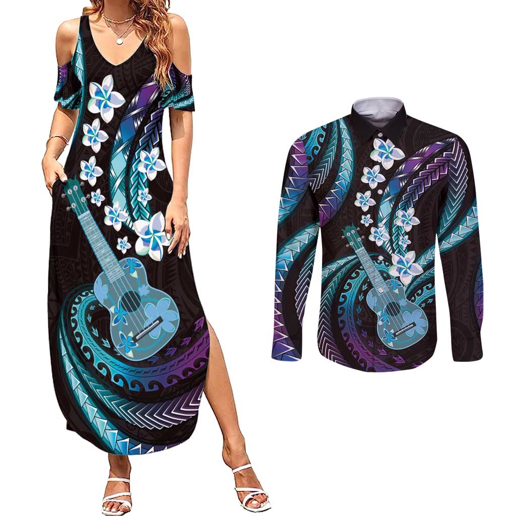 Hawaiian Ukulele Couples Matching Summer Maxi Dress and Long Sleeve Button Shirt Amethyst Gradient Fantastic Plumeria