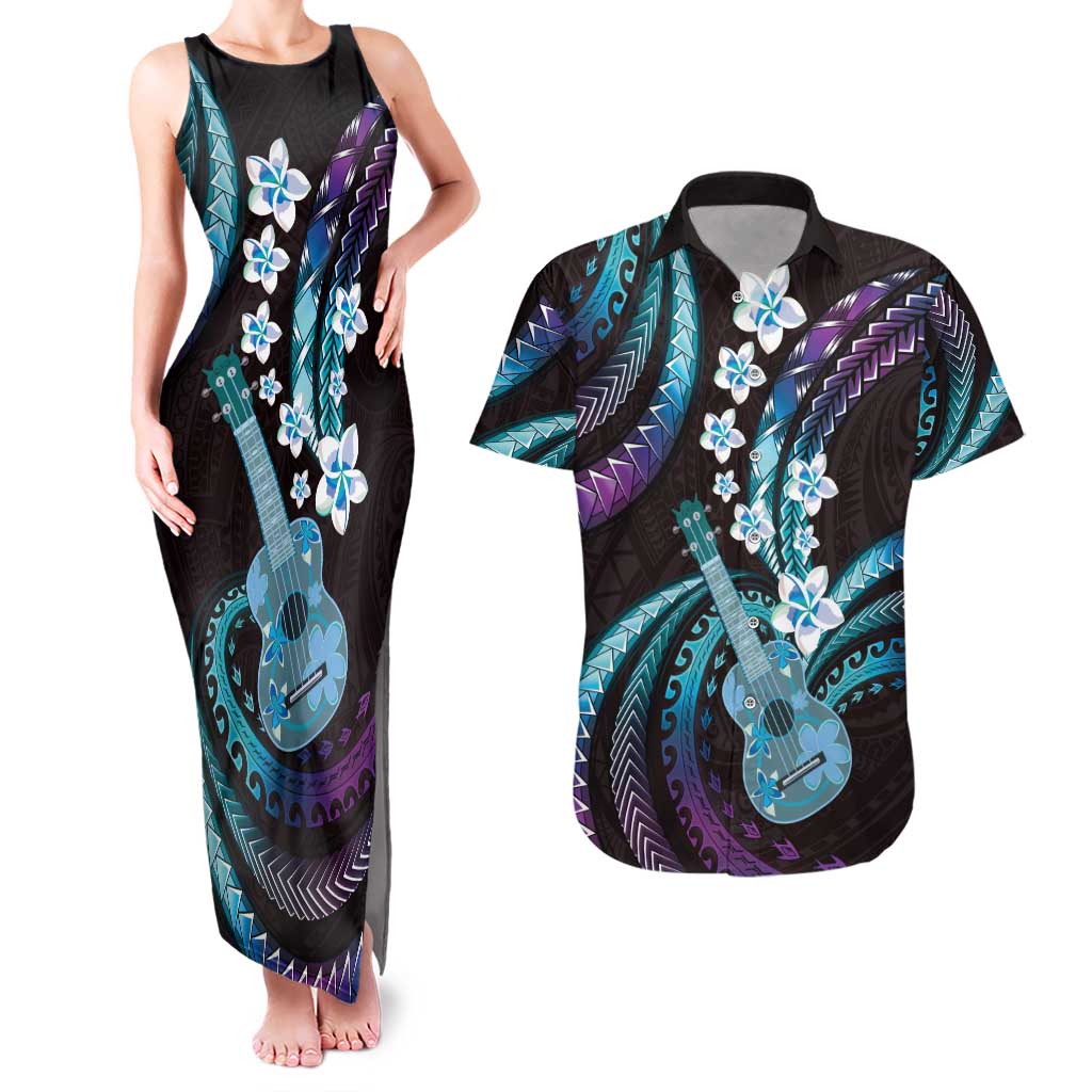 Hawaiian Ukulele Couples Matching Tank Maxi Dress and Hawaiian Shirt Amethyst Gradient Fantastic Plumeria