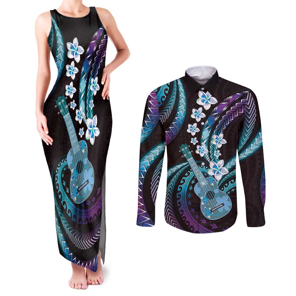 Hawaiian Ukulele Couples Matching Tank Maxi Dress and Long Sleeve Button Shirt Amethyst Gradient Fantastic Plumeria