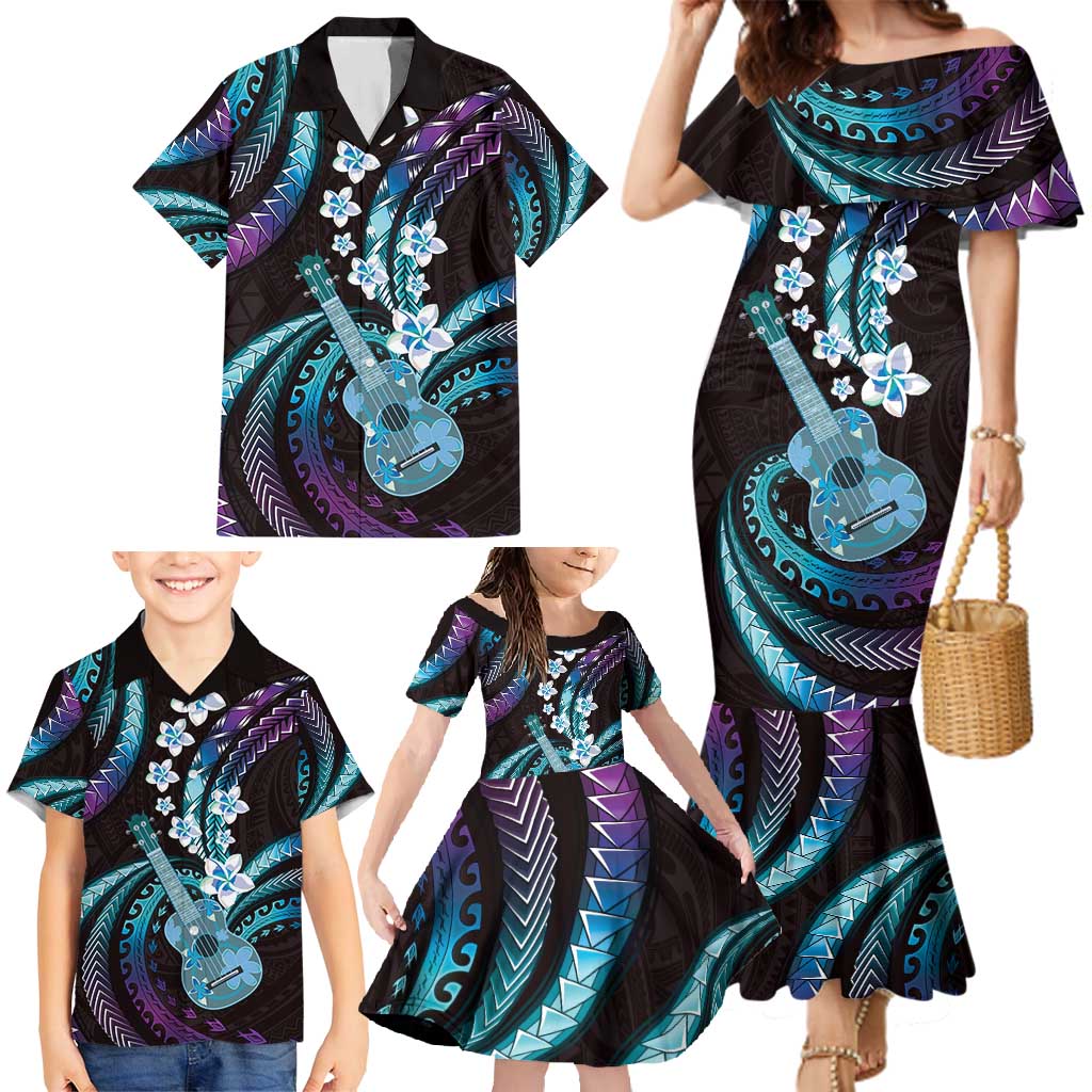 Hawaiian Ukulele Family Matching Mermaid Dress and Hawaiian Shirt Amethyst Gradient Fantastic Plumeria LT01 - Polynesian Pride