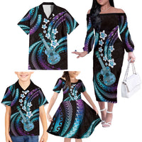 Hawaiian Ukulele Family Matching Off The Shoulder Long Sleeve Dress and Hawaiian Shirt Amethyst Gradient Fantastic Plumeria LT01 - Polynesian Pride