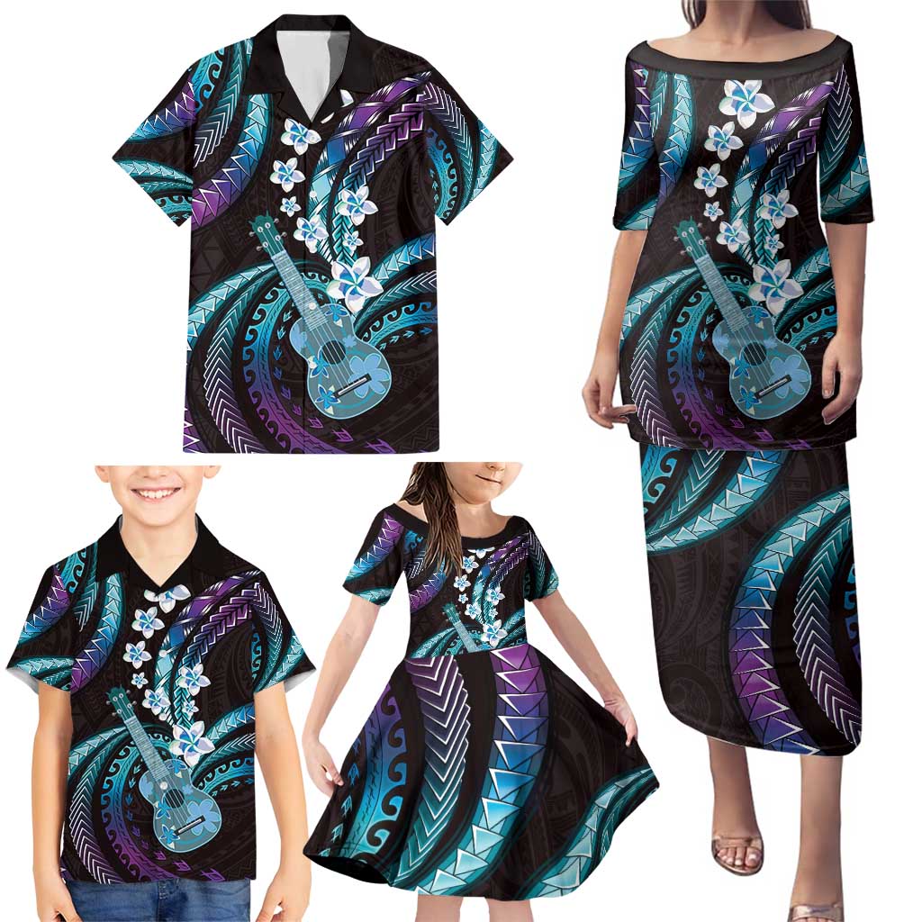 Hawaiian Ukulele Family Matching Puletasi and Hawaiian Shirt Amethyst Gradient Fantastic Plumeria