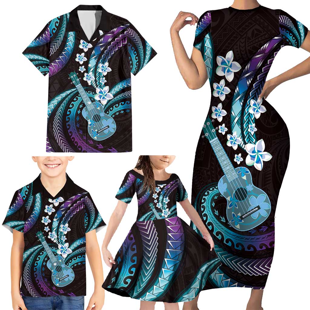Hawaiian Ukulele Family Matching Short Sleeve Bodycon Dress and Hawaiian Shirt Amethyst Gradient Fantastic Plumeria LT01 - Polynesian Pride