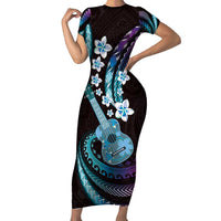 Hawaiian Ukulele Family Matching Short Sleeve Bodycon Dress and Hawaiian Shirt Amethyst Gradient Fantastic Plumeria LT01 Mom's Dress Purple - Polynesian Pride
