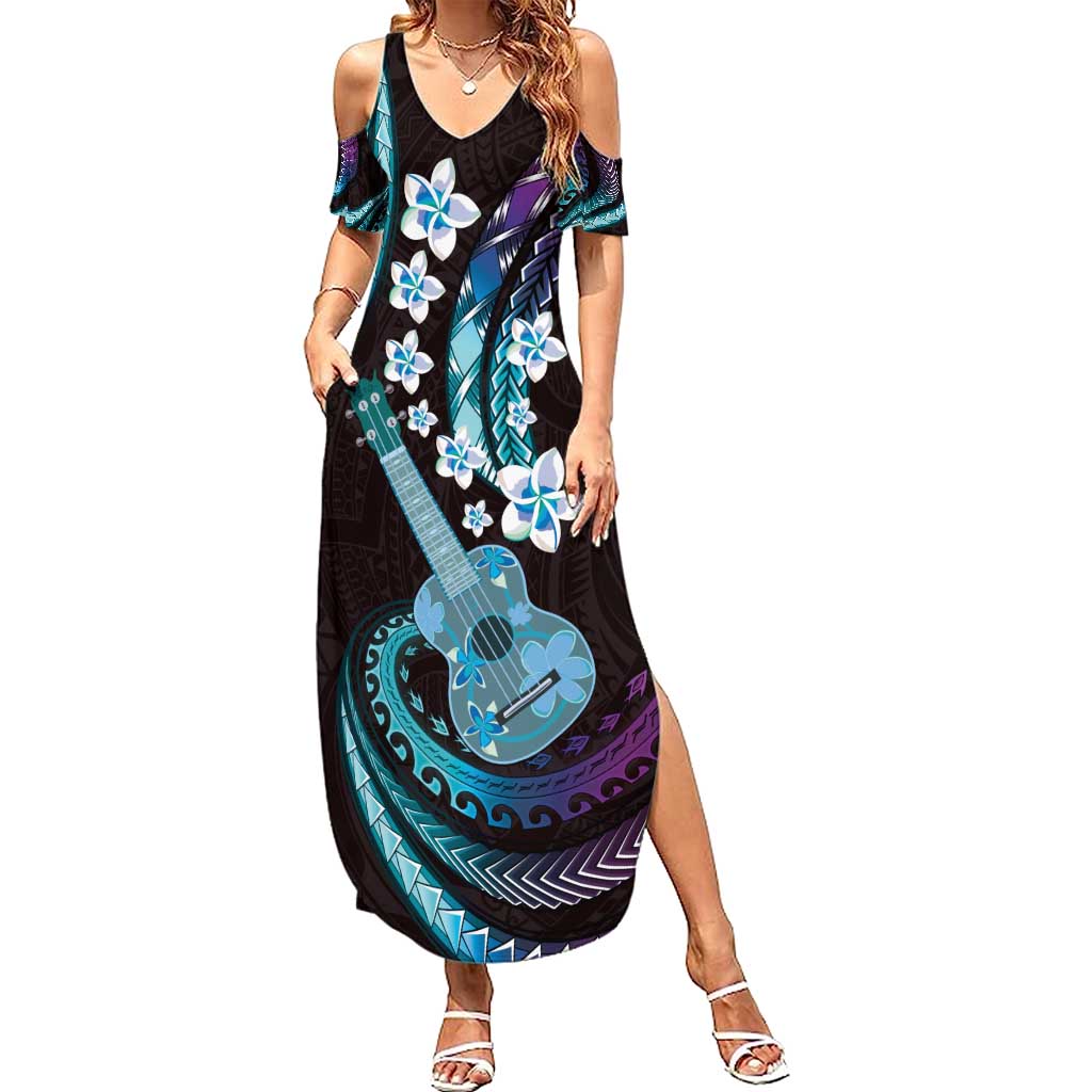 Hawaiian Ukulele Family Matching Summer Maxi Dress and Hawaiian Shirt Amethyst Gradient Fantastic Plumeria