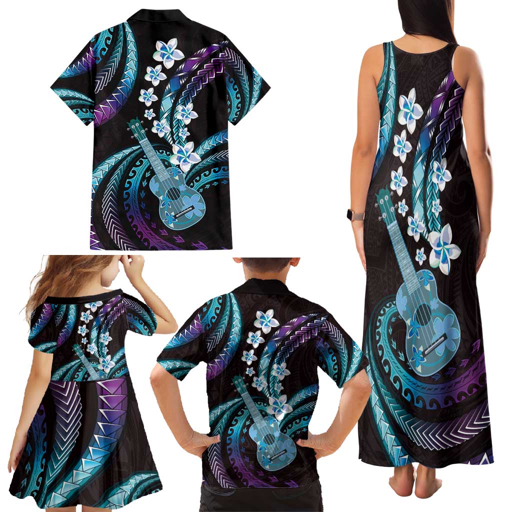 Hawaiian Ukulele Family Matching Tank Maxi Dress and Hawaiian Shirt Amethyst Gradient Fantastic Plumeria LT01 - Polynesian Pride