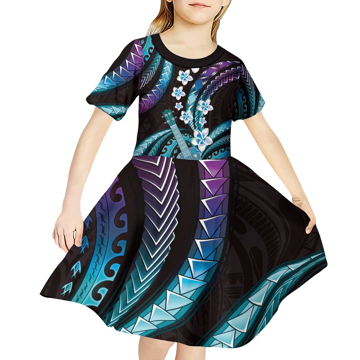 Hawaiian Ukulele Kid Short Sleeve Dress Amethyst Gradient Fantastic Plumeria
