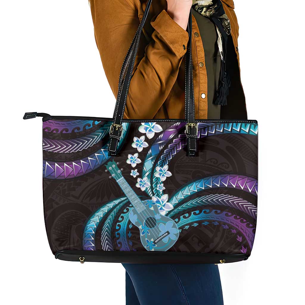 Hawaiian Ukulele Leather Tote Bag Amethyst Gradient Fantastic Plumeria