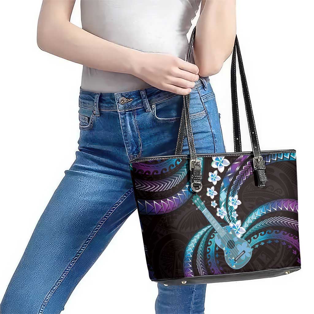 Hawaiian Ukulele Leather Tote Bag Amethyst Gradient Fantastic Plumeria