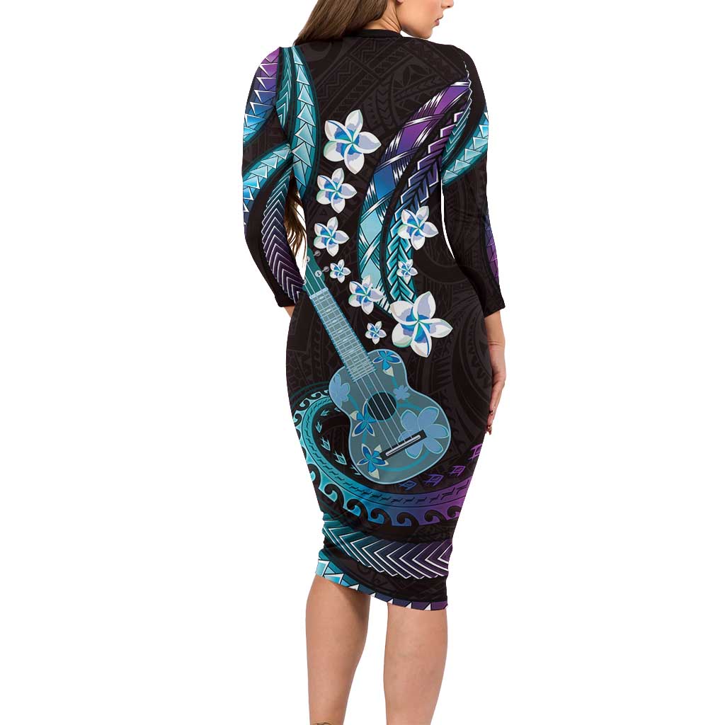 Hawaiian Ukulele Long Sleeve Bodycon Dress Amethyst Gradient Fantastic Plumeria