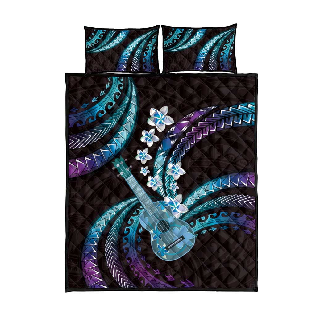 Hawaiian Ukulele Quilt Bed Set Amethyst Gradient Fantastic Plumeria
