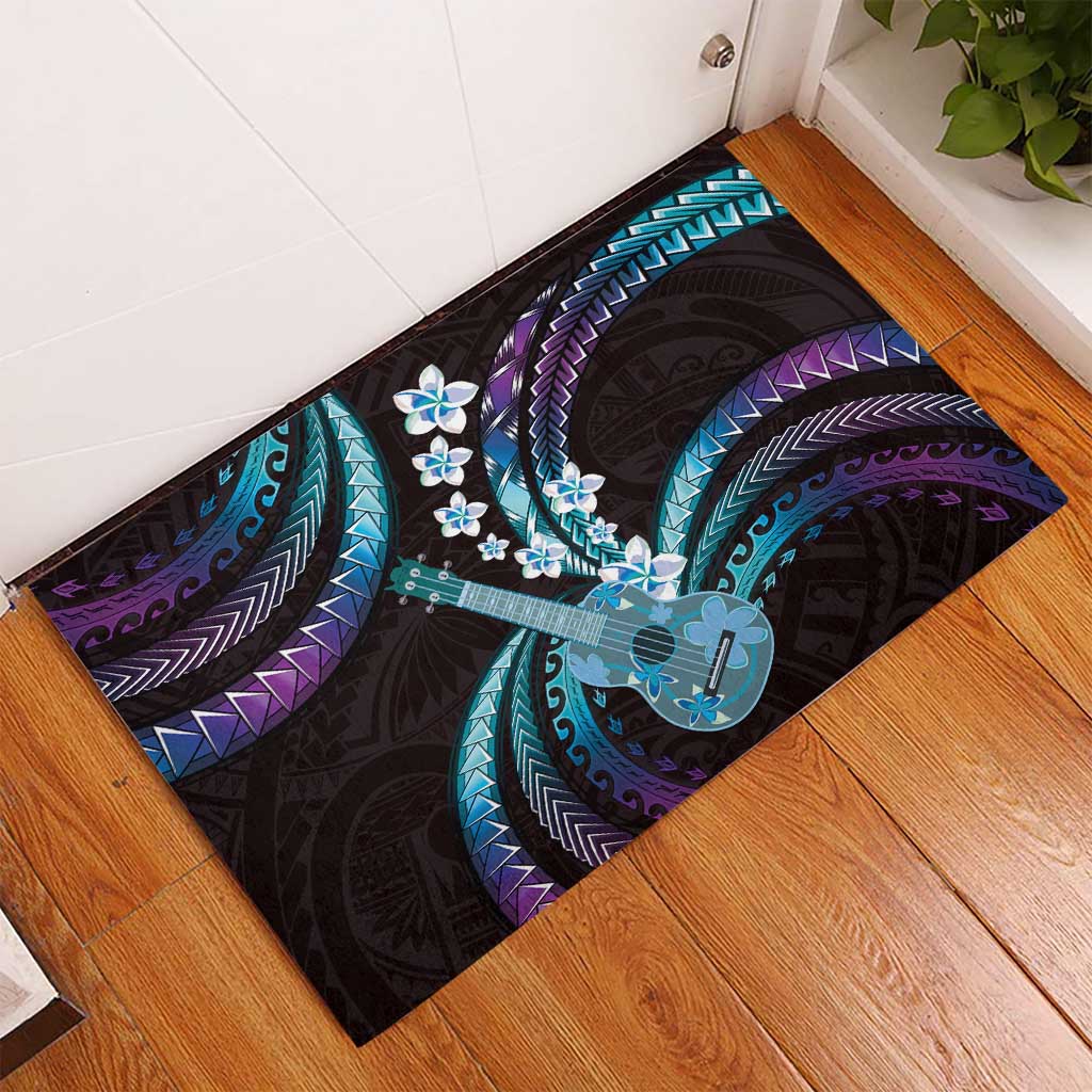 Hawaiian Ukulele Rubber Doormat Amethyst Gradient Fantastic Plumeria