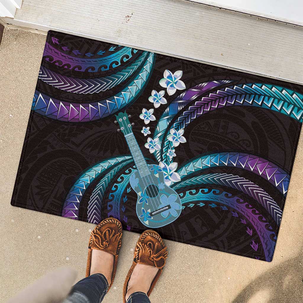 Hawaiian Ukulele Rubber Doormat Amethyst Gradient Fantastic Plumeria