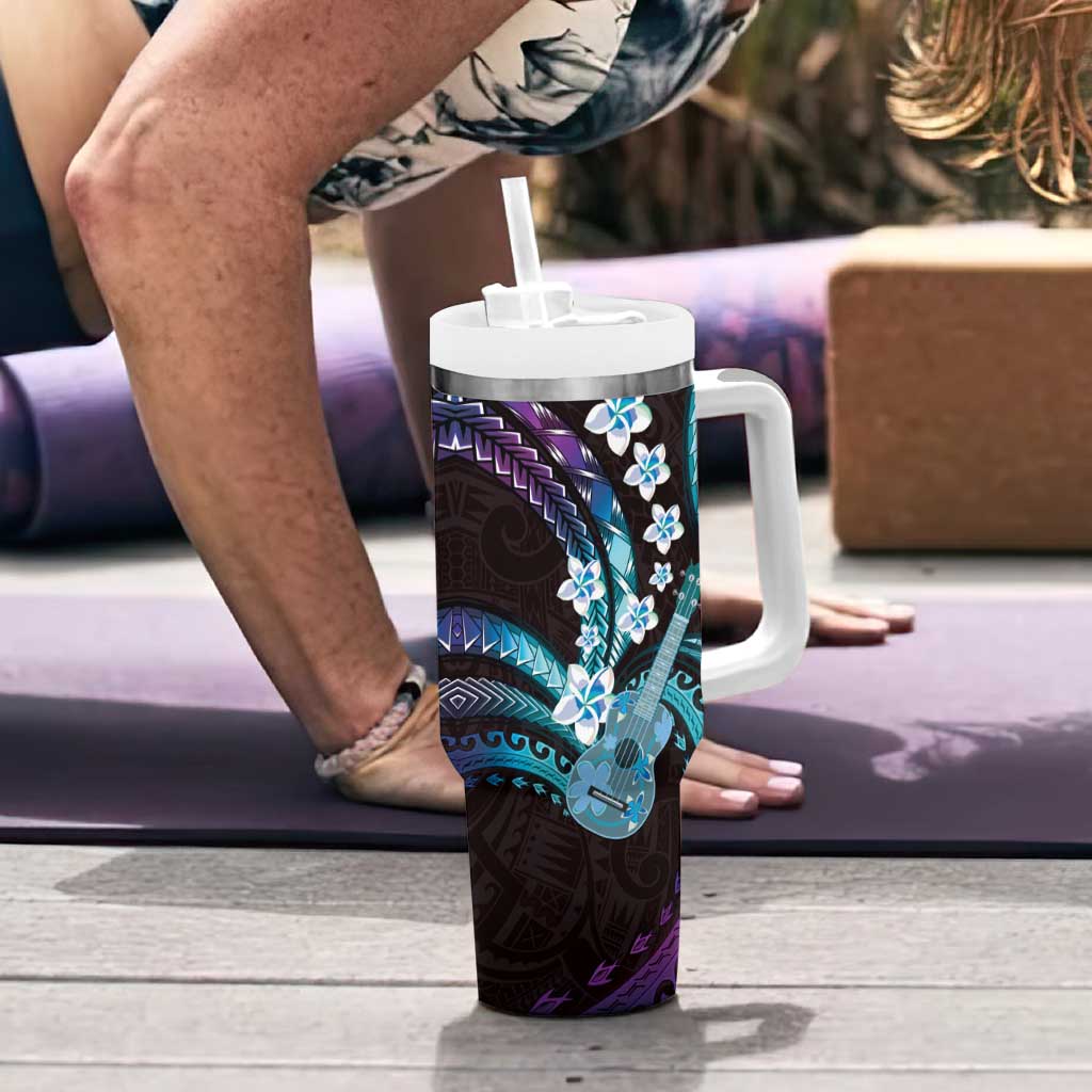 Hawaiian Ukulele Tumbler With Handle Amethyst Gradient Fantastic Plumeria