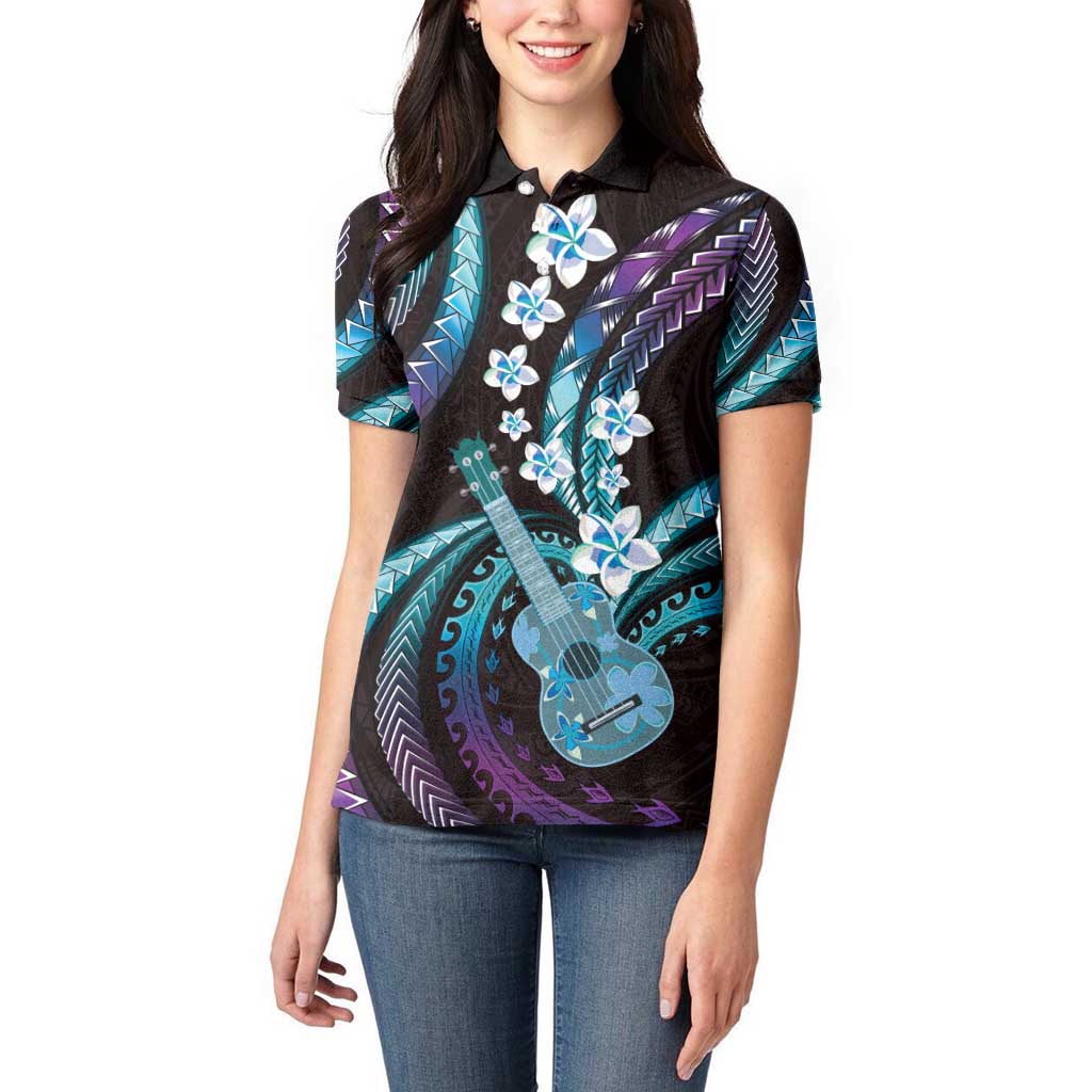 Hawaiian Ukulele Women Polo Shirt Amethyst Gradient Fantastic Plumeria LT01 - Polynesian Pride