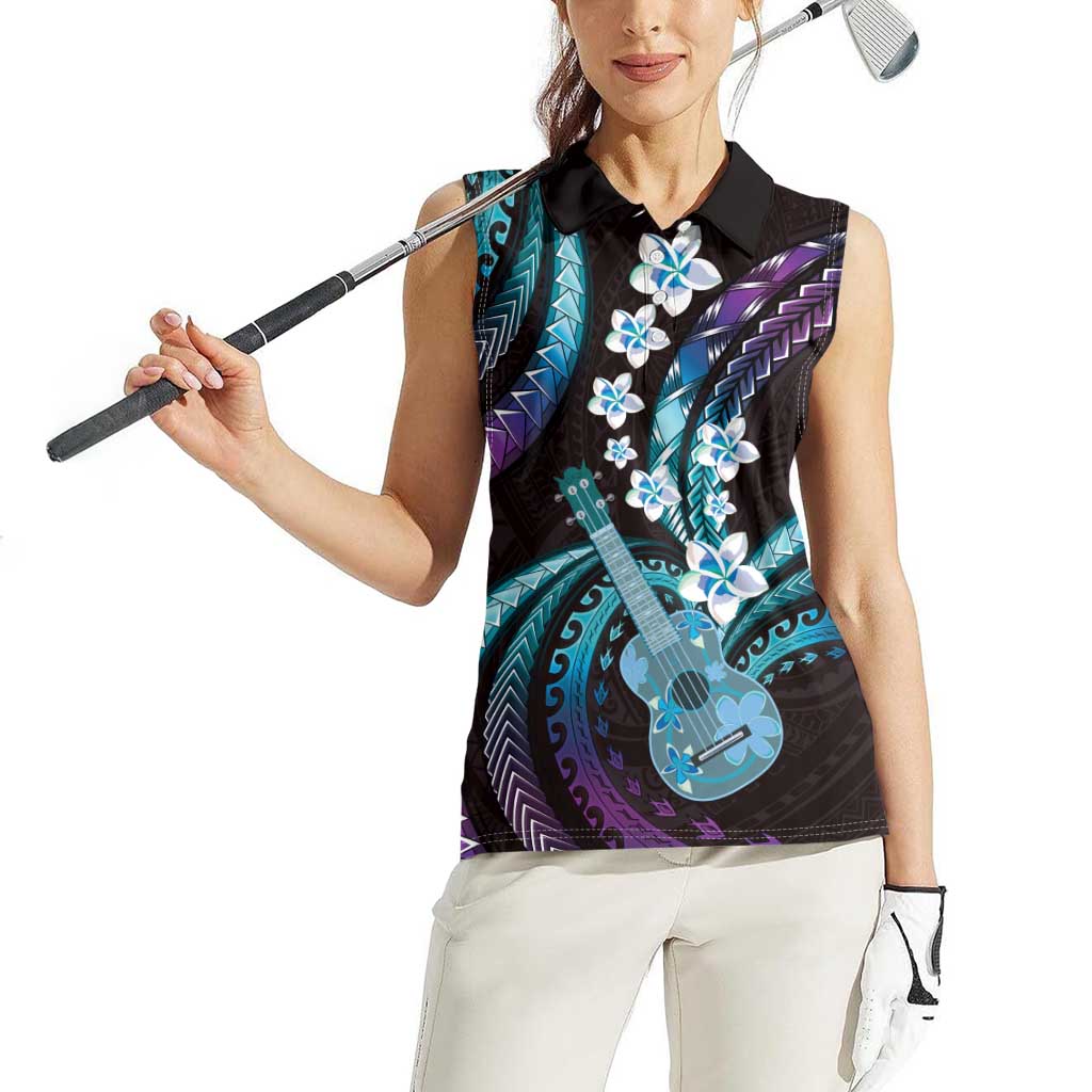 Hawaiian Ukulele Women Sleeveless Polo Shirt Amethyst Gradient Fantastic Plumeria