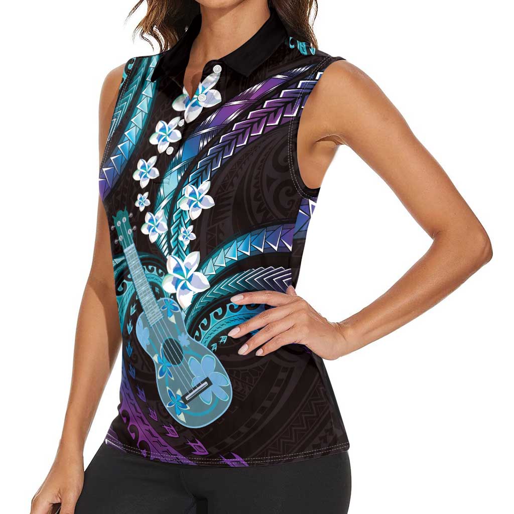 Hawaiian Ukulele Women Sleeveless Polo Shirt Amethyst Gradient Fantastic Plumeria
