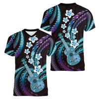 Hawaiian Ukulele Women V-Neck T-Shirt Amethyst Gradient Fantastic Plumeria