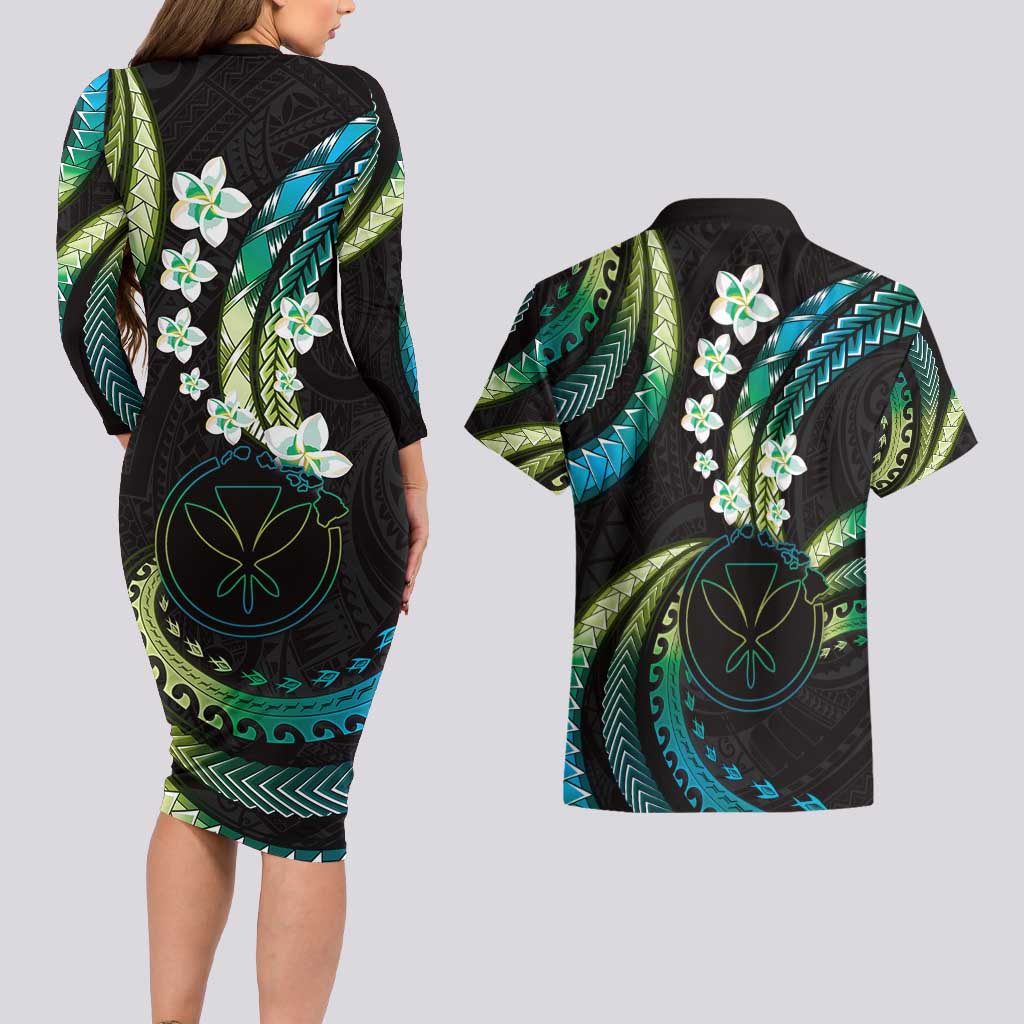 Hawaii Map Kanaka Maoli Couples Matching Long Sleeve Bodycon Dress and Hawaiian Shirt Fantastic Frangipani Chartreuse Cyan LT01 - Polynesian Pride