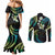 Hawaii Map Kanaka Maoli Couples Matching Mermaid Dress and Long Sleeve Button Shirt Fantastic Frangipani Chartreuse Cyan