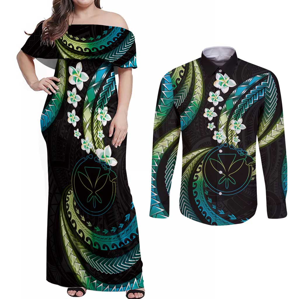 Hawaii Map Kanaka Maoli Couples Matching Off Shoulder Maxi Dress and Long Sleeve Button Shirt Fantastic Frangipani Chartreuse Cyan