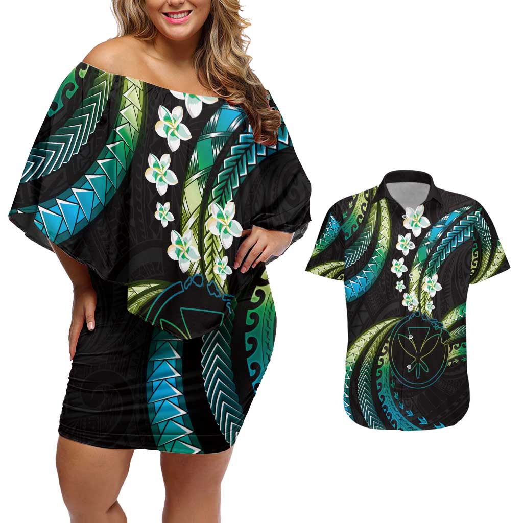 Hawaii Map Kanaka Maoli Couples Matching Off Shoulder Short Dress and Hawaiian Shirt Fantastic Frangipani Chartreuse Cyan