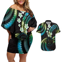 Hawaii Map Kanaka Maoli Couples Matching Off Shoulder Short Dress and Hawaiian Shirt Fantastic Frangipani Chartreuse Cyan