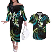 Hawaii Map Kanaka Maoli Couples Matching Off The Shoulder Long Sleeve Dress and Hawaiian Shirt Fantastic Frangipani Chartreuse Cyan LT01 Cyan - Polynesian Pride