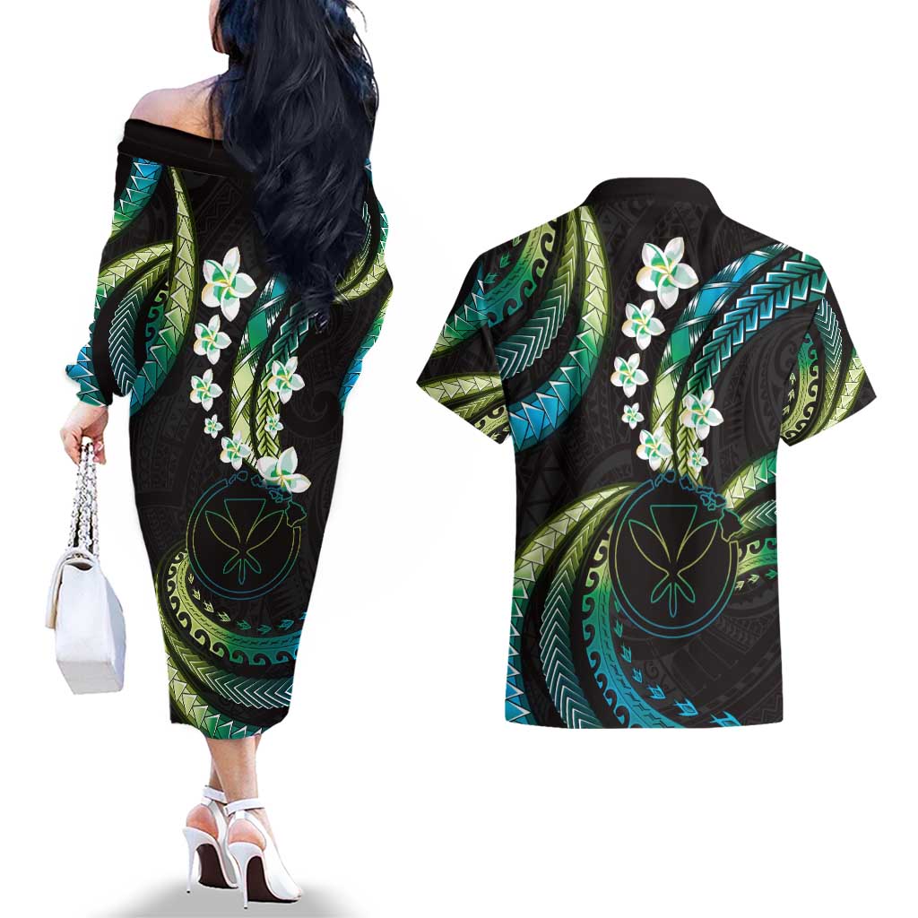 Hawaii Map Kanaka Maoli Couples Matching Off The Shoulder Long Sleeve Dress and Hawaiian Shirt Fantastic Frangipani Chartreuse Cyan LT01 - Polynesian Pride