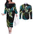 Hawaii Map Kanaka Maoli Couples Matching Off The Shoulder Long Sleeve Dress and Long Sleeve Button Shirt Fantastic Frangipani Chartreuse Cyan