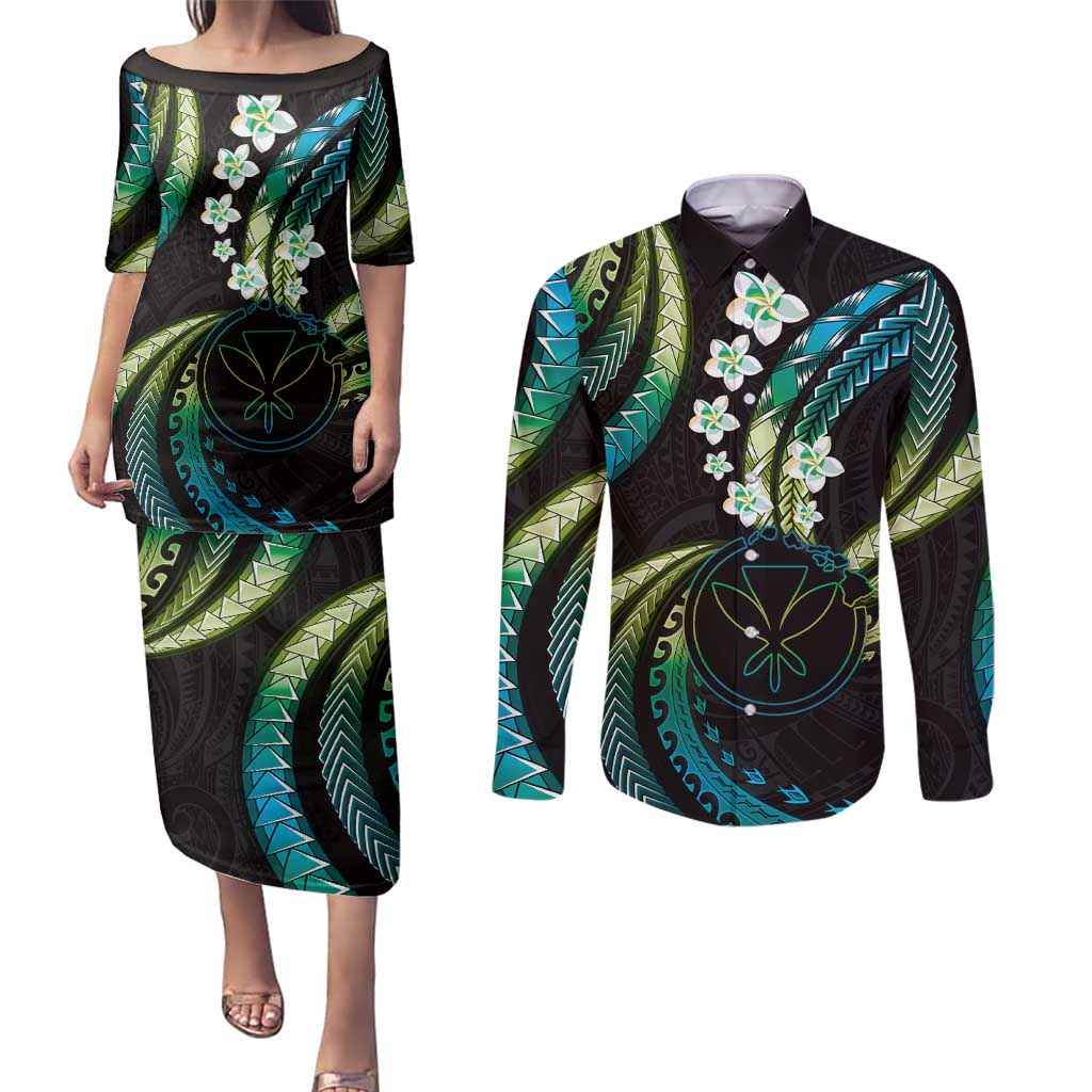 Hawaii Map Kanaka Maoli Couples Matching Puletasi and Long Sleeve Button Shirt Fantastic Frangipani Chartreuse Cyan