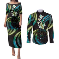 Hawaii Map Kanaka Maoli Couples Matching Puletasi and Long Sleeve Button Shirt Fantastic Frangipani Chartreuse Cyan