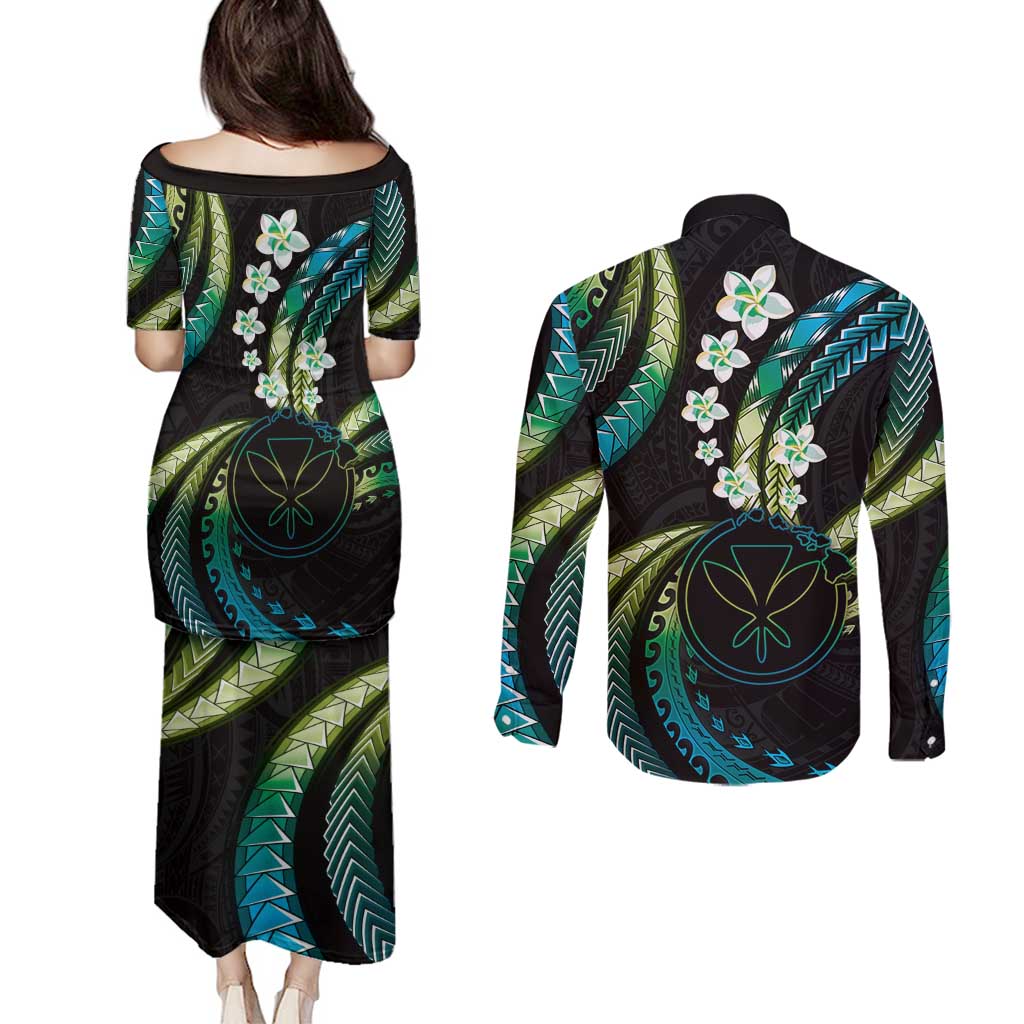 Hawaii Map Kanaka Maoli Couples Matching Puletasi and Long Sleeve Button Shirt Fantastic Frangipani Chartreuse Cyan