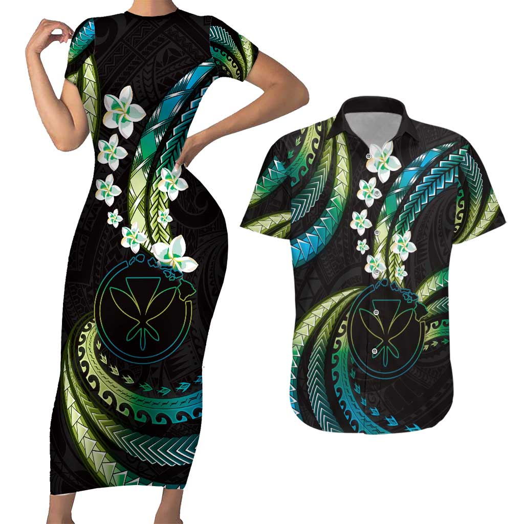 Hawaii Map Kanaka Maoli Couples Matching Short Sleeve Bodycon Dress and Hawaiian Shirt Fantastic Frangipani Chartreuse Cyan LT01 Cyan - Polynesian Pride