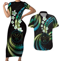 Hawaii Map Kanaka Maoli Couples Matching Short Sleeve Bodycon Dress and Hawaiian Shirt Fantastic Frangipani Chartreuse Cyan LT01 Cyan - Polynesian Pride