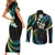 Hawaii Map Kanaka Maoli Couples Matching Short Sleeve Bodycon Dress and Long Sleeve Button Shirt Fantastic Frangipani Chartreuse Cyan