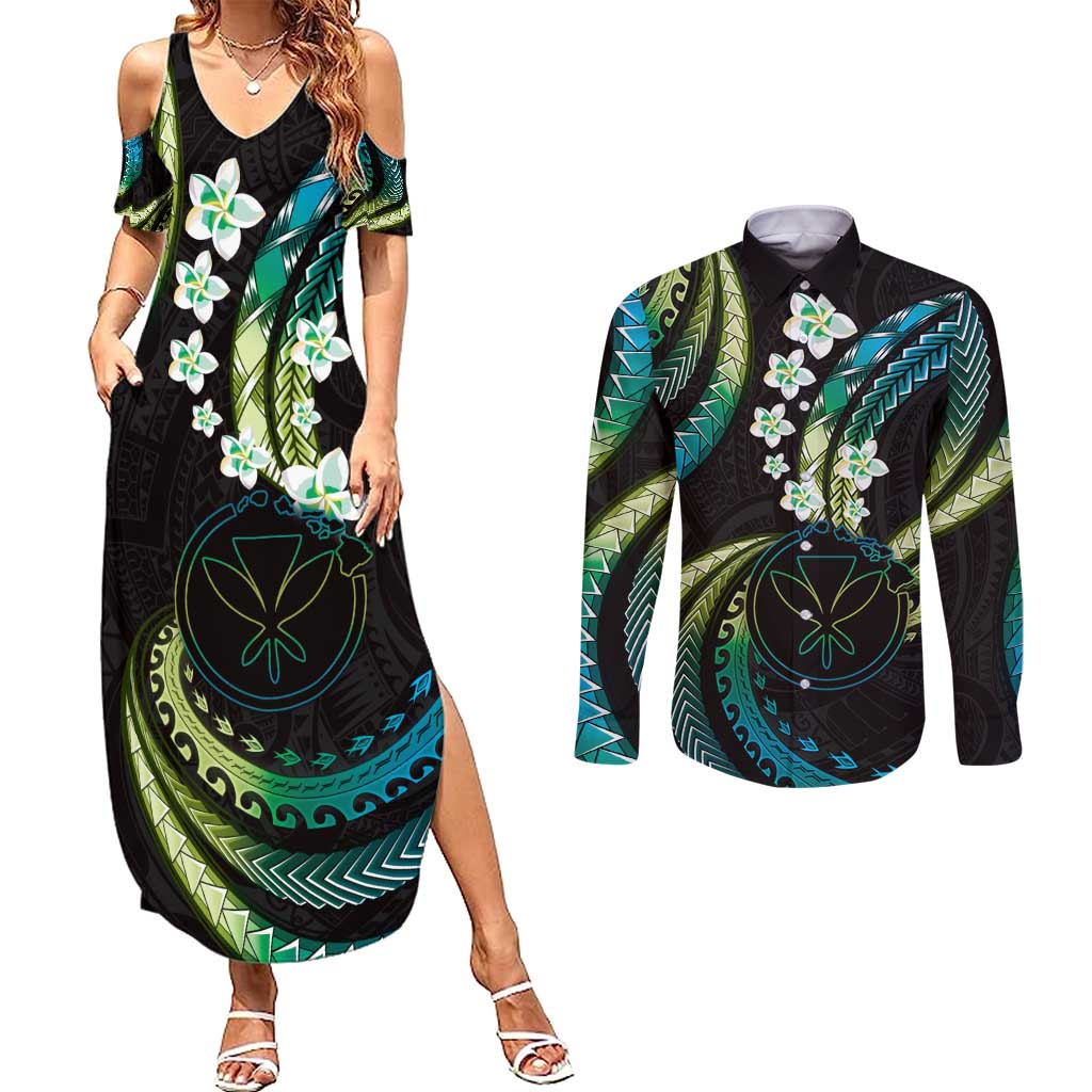 Hawaii Map Kanaka Maoli Couples Matching Summer Maxi Dress and Long Sleeve Button Shirt Fantastic Frangipani Chartreuse Cyan