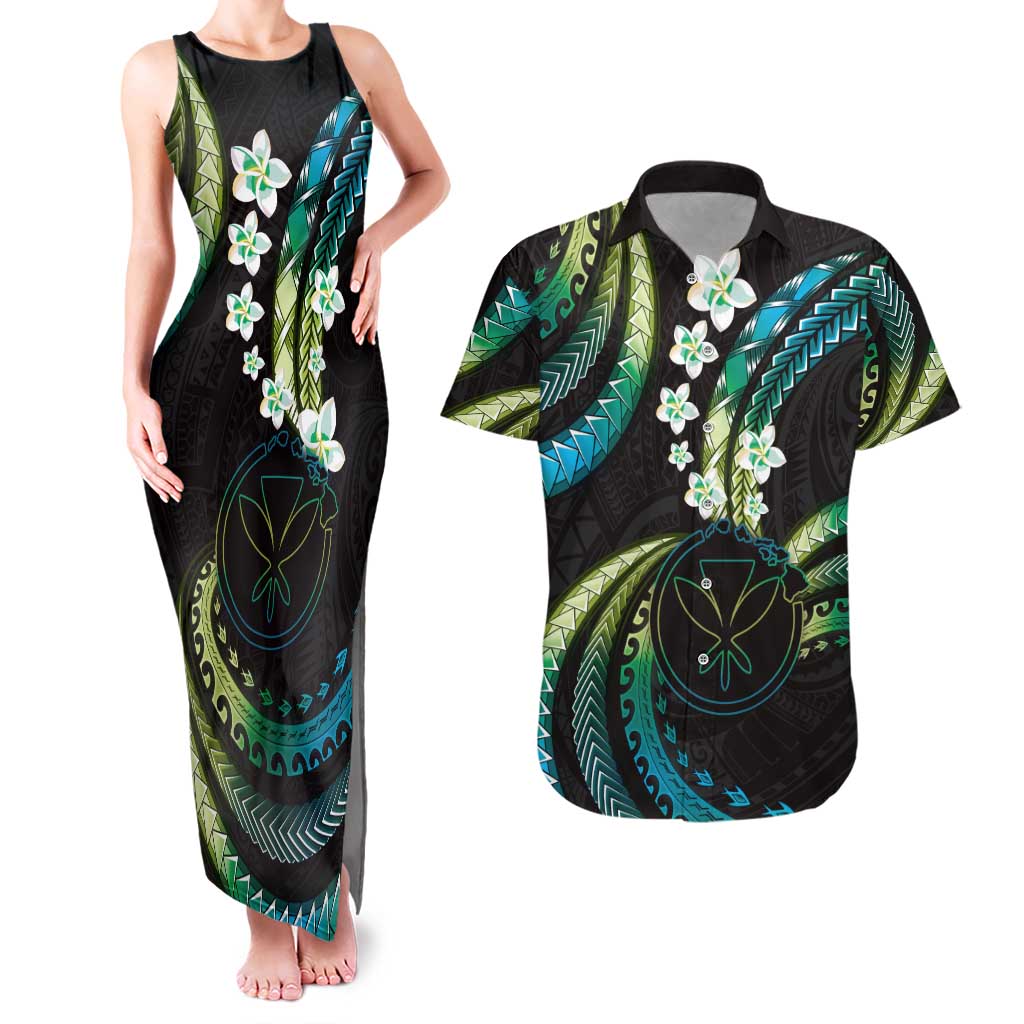 Hawaii Map Kanaka Maoli Couples Matching Tank Maxi Dress and Hawaiian Shirt Fantastic Frangipani Chartreuse Cyan LT01 Cyan - Polynesian Pride