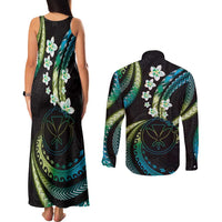 Hawaii Map Kanaka Maoli Couples Matching Tank Maxi Dress and Long Sleeve Button Shirt Fantastic Frangipani Chartreuse Cyan