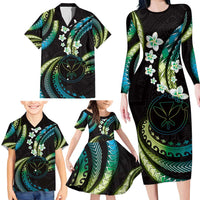 Hawaii Map Kanaka Maoli Family Matching Long Sleeve Bodycon Dress and Hawaiian Shirt Fantastic Frangipani Chartreuse Cyan LT01 - Polynesian Pride