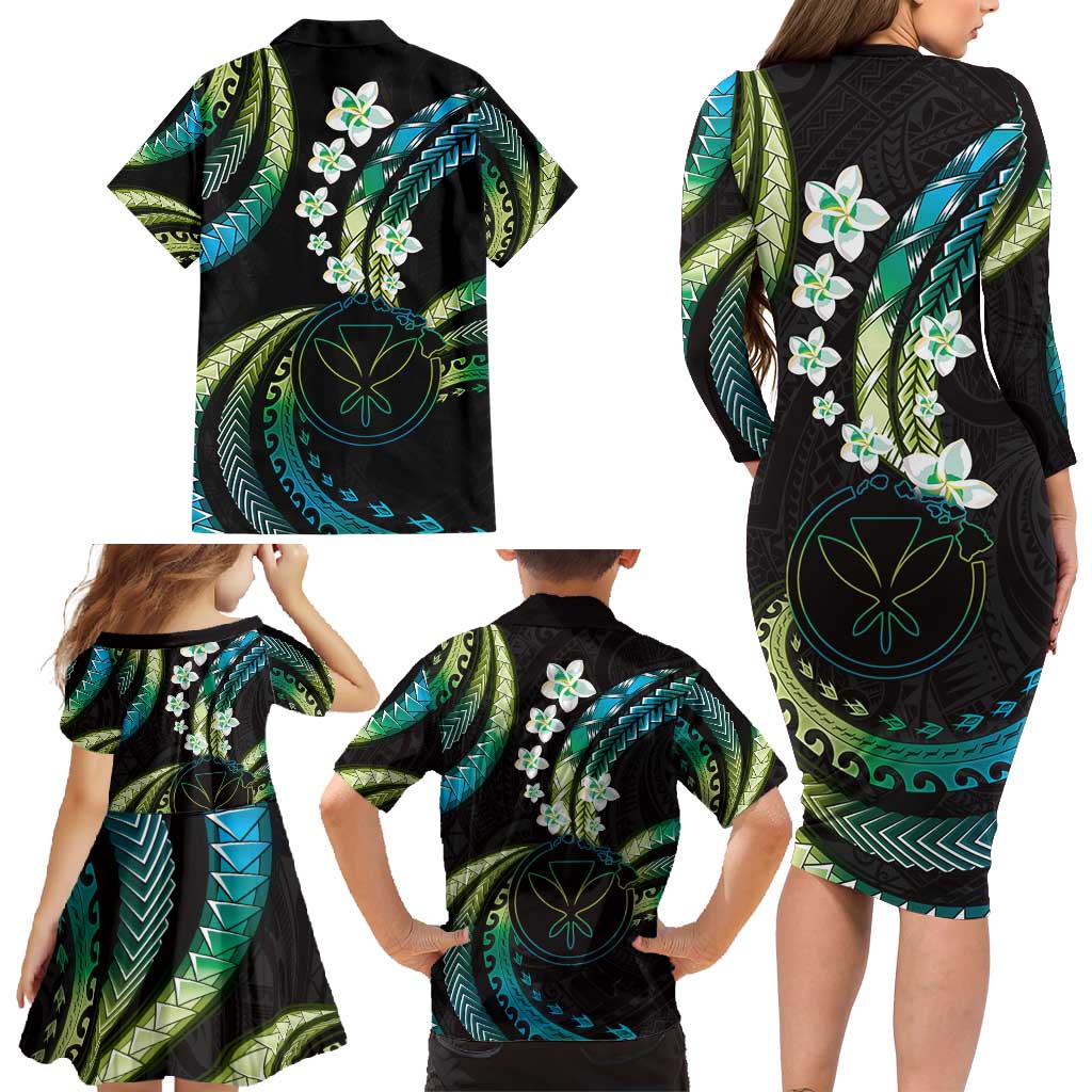 Hawaii Map Kanaka Maoli Family Matching Long Sleeve Bodycon Dress and Hawaiian Shirt Fantastic Frangipani Chartreuse Cyan LT01 - Polynesian Pride