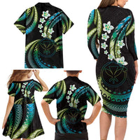 Hawaii Map Kanaka Maoli Family Matching Long Sleeve Bodycon Dress and Hawaiian Shirt Fantastic Frangipani Chartreuse Cyan LT01 - Polynesian Pride