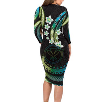 Hawaii Map Kanaka Maoli Family Matching Long Sleeve Bodycon Dress and Hawaiian Shirt Fantastic Frangipani Chartreuse Cyan LT01 - Polynesian Pride