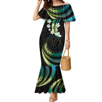 Hawaii Map Kanaka Maoli Family Matching Mermaid Dress and Hawaiian Shirt Fantastic Frangipani Chartreuse Cyan LT01 Mom's Dress Cyan - Polynesian Pride