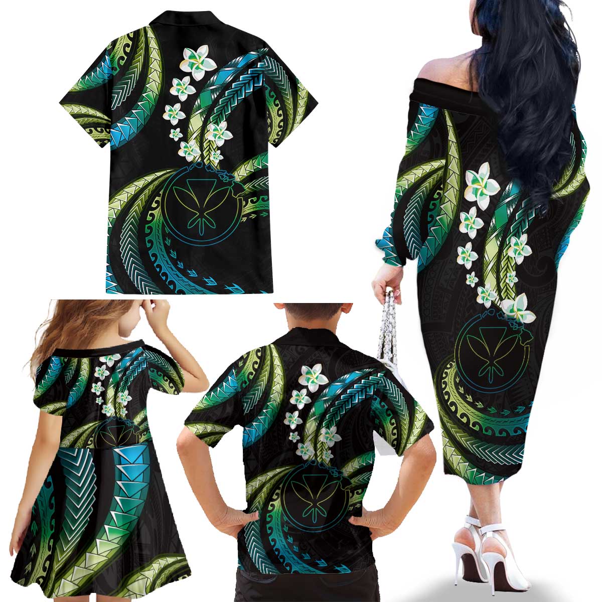 Hawaii Map Kanaka Maoli Family Matching Off The Shoulder Long Sleeve Dress and Hawaiian Shirt Fantastic Frangipani Chartreuse Cyan LT01 - Polynesian Pride