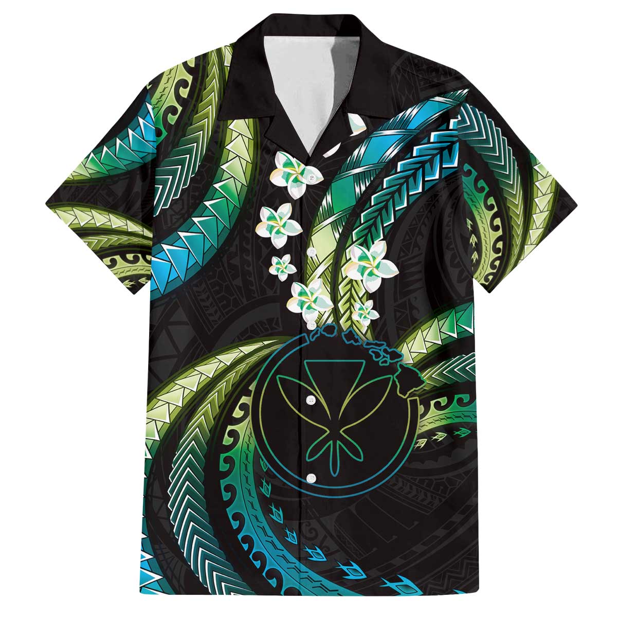 Hawaii Map Kanaka Maoli Family Matching Off The Shoulder Long Sleeve Dress and Hawaiian Shirt Fantastic Frangipani Chartreuse Cyan LT01 Dad's Shirt - Short Sleeve Cyan - Polynesian Pride