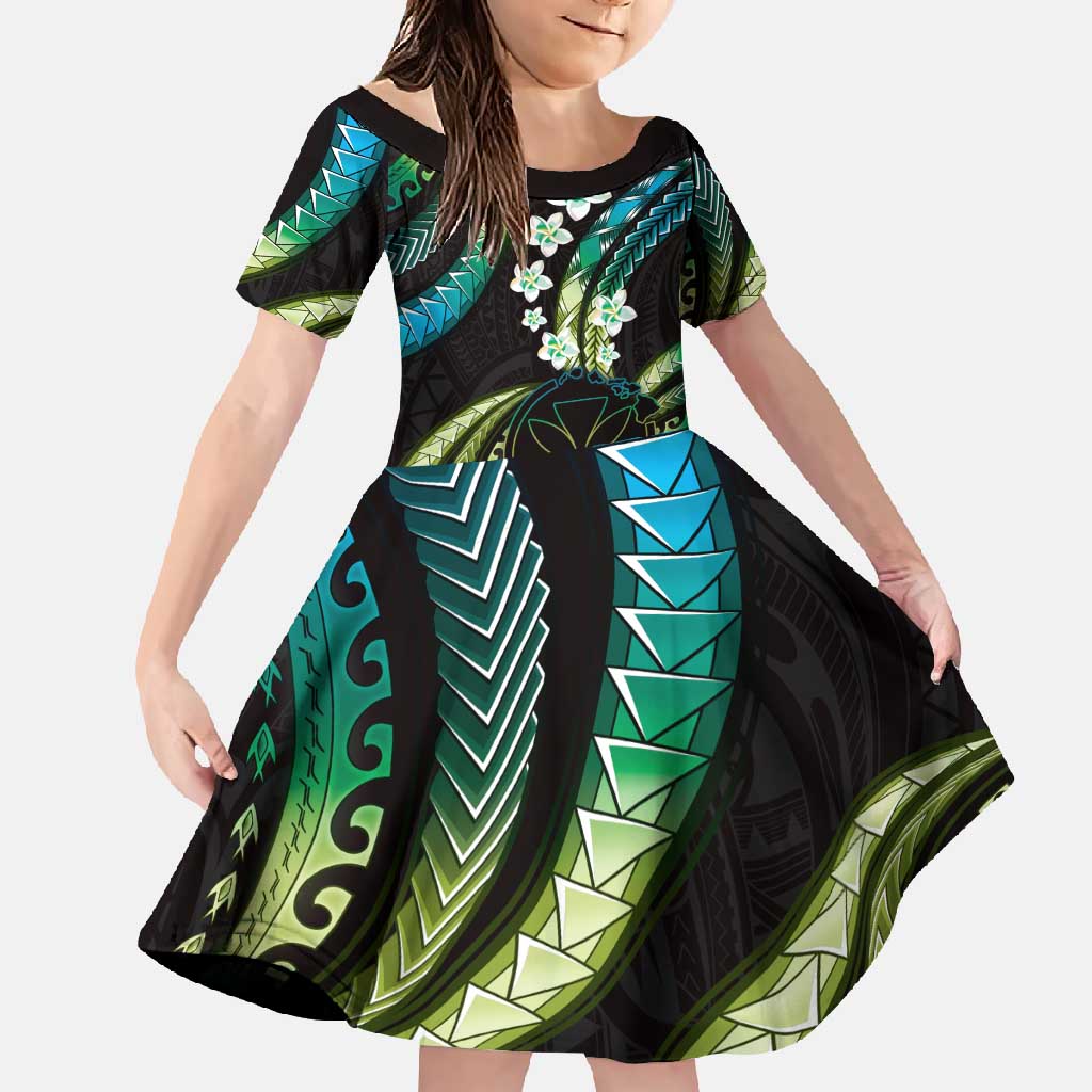 Hawaii Map Kanaka Maoli Family Matching Off Shoulder Maxi Dress and Hawaiian Shirt Fantastic Frangipani Chartreuse Cyan LT01 Daughter's Dress Cyan - Polynesian Pride