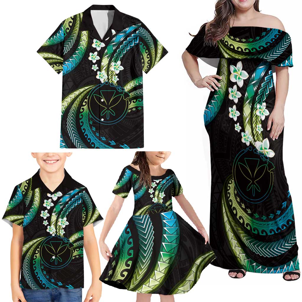 Hawaii Map Kanaka Maoli Family Matching Off Shoulder Maxi Dress and Hawaiian Shirt Fantastic Frangipani Chartreuse Cyan LT01 - Polynesian Pride