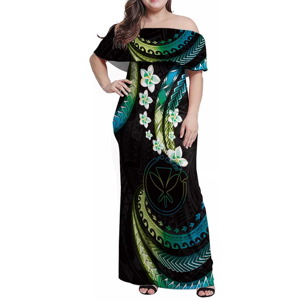 Hawaii Map Kanaka Maoli Family Matching Off Shoulder Maxi Dress and Hawaiian Shirt Fantastic Frangipani Chartreuse Cyan LT01 Mom's Dress Cyan - Polynesian Pride